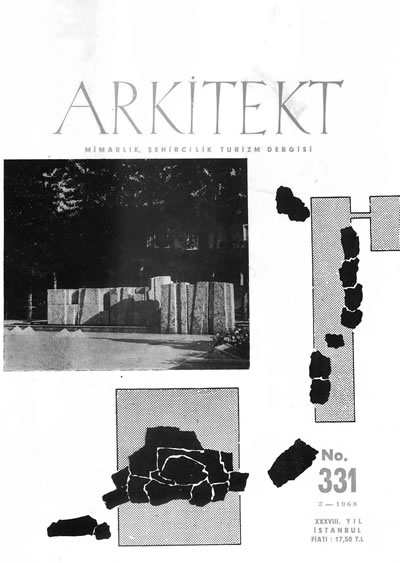 <p><strong>8.</strong> Sakarya Atatürk Anıtı ve Hükümet Meydanı, <em>Arkitekt</em> dergisinin 331 numaralı sayısında 1968 yılında Muhlis Türkmenin kaleme aldığı ‘‘Atatürk  Anıtı Meydan Tanzimi’’ başlıklı kapak fotoğrafı olarak yer alıyor.<br /> 	Kaynak: <strong>Arkitekt</strong>, 1968, s.103.</p>